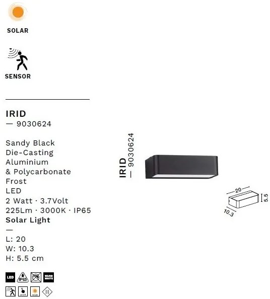 Aplica LED de exterior solara cu senzor de miscare IP65 IRID