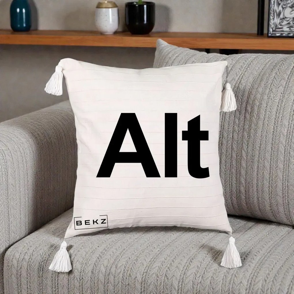 Perna Personalizata Tasta Alt Tipografie Bold, 40x40 cm, Bej cu Franjuri, Husa Detasabila, Perna Inclusa, BEKZ®