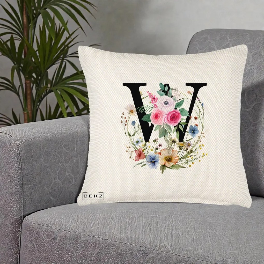 Cadou Personalizat - Perna Personalizata Monograma Florala Litera W, 40x40 cm, Crem Reliefat, Husa Detasabila, Perna Inclusa, BEKZ®