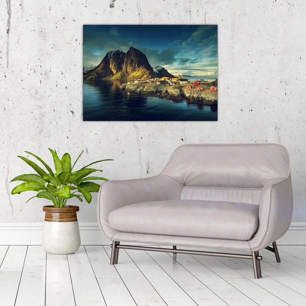 Tablou pe sticlă cu sat de pescari din Norvegia (70x50 cm)