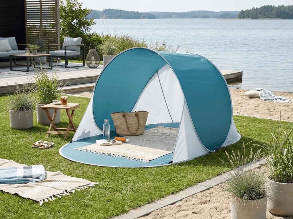 Cort de plaja cu deschidere instantanee SUNSHADE 190x120 cm, albastru inchis/alb