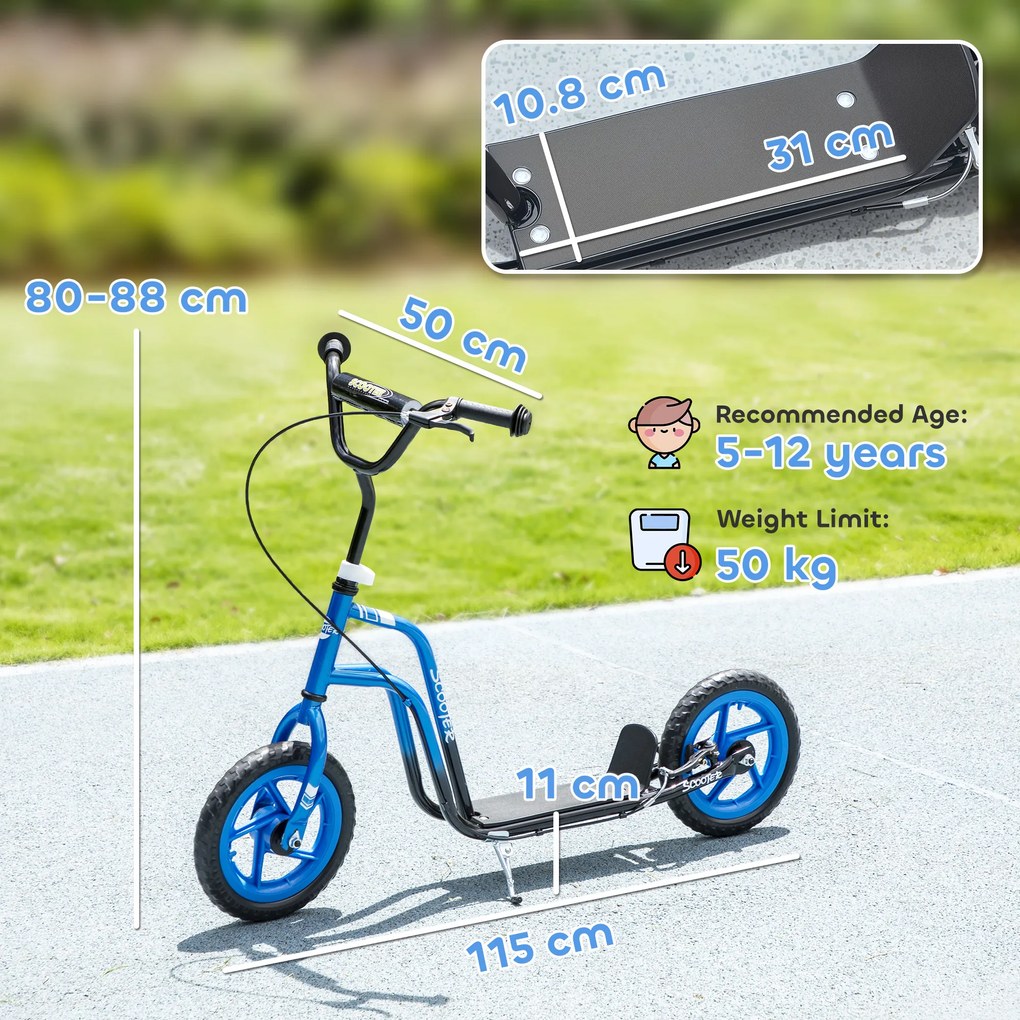 AIYAPLAY Trotinetă pentru copii cu ghidon reglabil, roți mari, suport de parcare, frână de mână, pentru copii cu vârste între 5-12 ani, Albastru | Aosom Romania