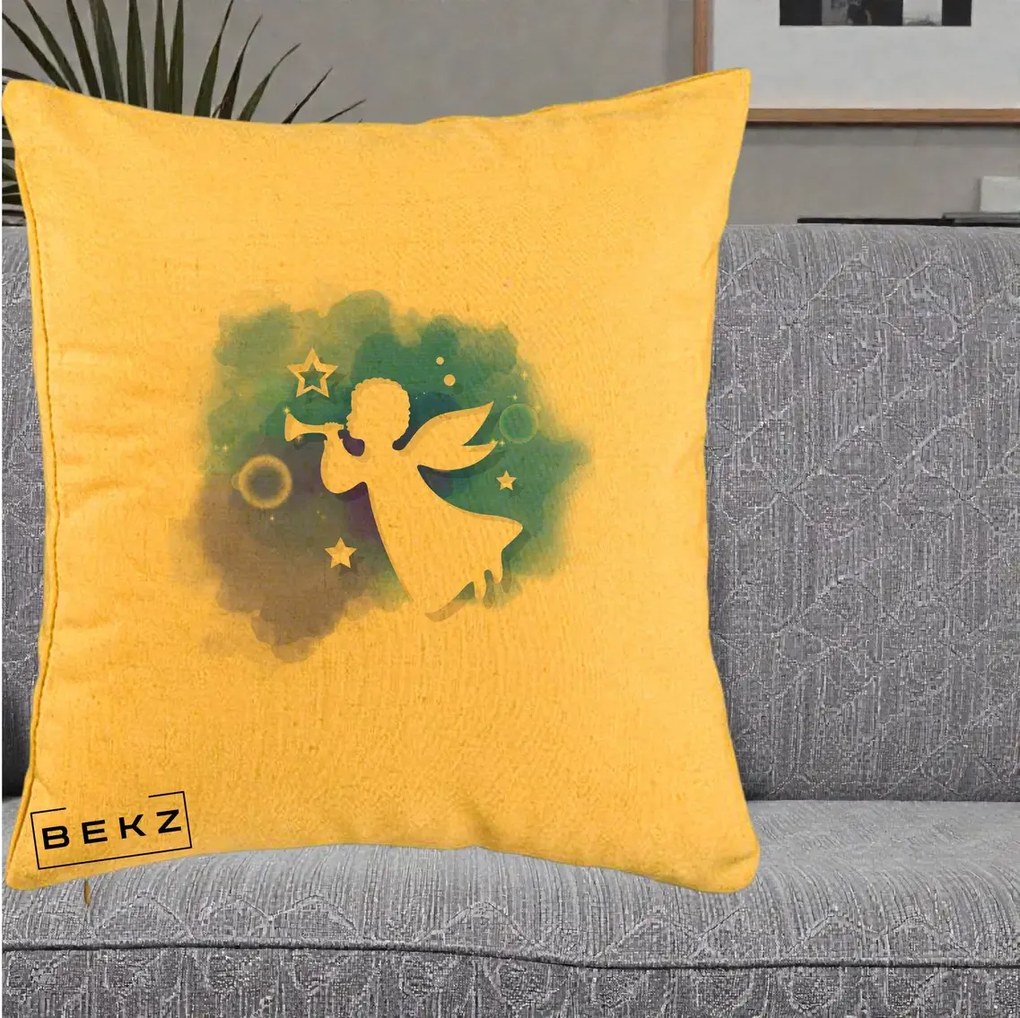 Perna Decorativa Inger cu Trompeta Albastru, 40x40 cm, Galben, Husa Detasabila, Perna Inclusa, BEKZ®