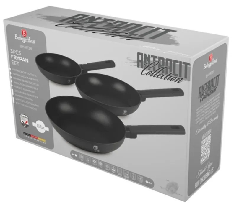 Set 3 tigai Anthracite Berlinger Haus BH 8138, antiaderente, curatare usoara, design elegant, compatibile inductie, fara PFOA