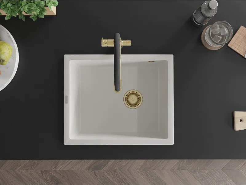 Mexen Pedro chiuvetă de granit cu 1 compartiment 560 x 460 mm, albă, sifon auriu - 6508561000-20-G