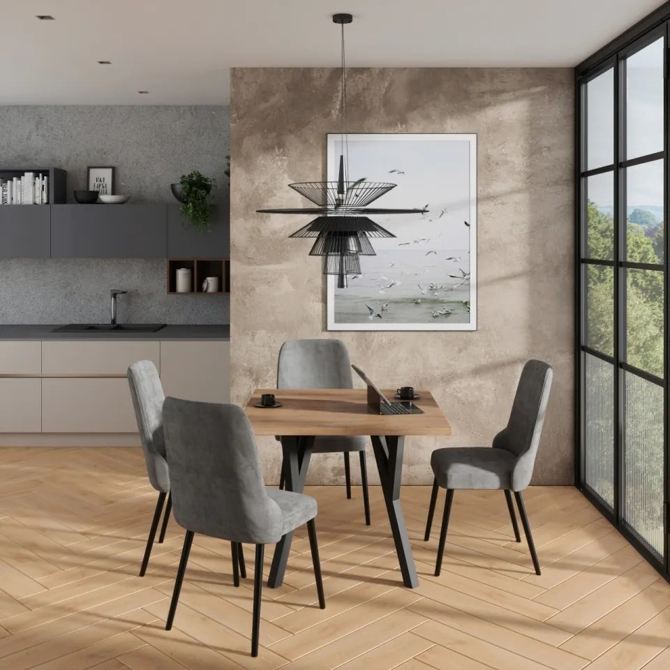 Set de masa extensibila si 6 scaune tapitate, RODOS 83, ADRK Furniture (Culoare: Stejar / Negru)