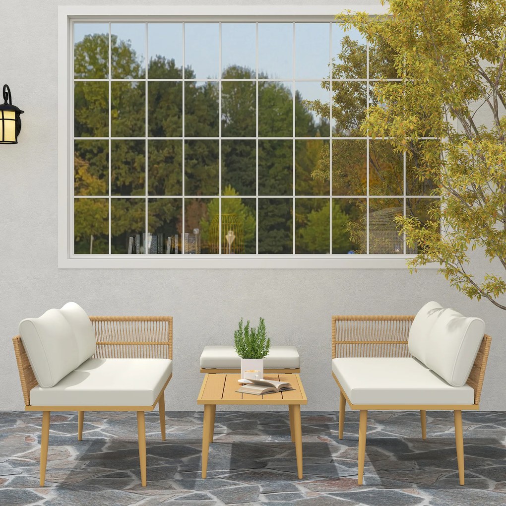 Outsunny Salon de grădină exterior din rășină impletită 5 locuri modular 2 canapele, pouf și masă de cafea, perne incluse, crem | Aosom Romania