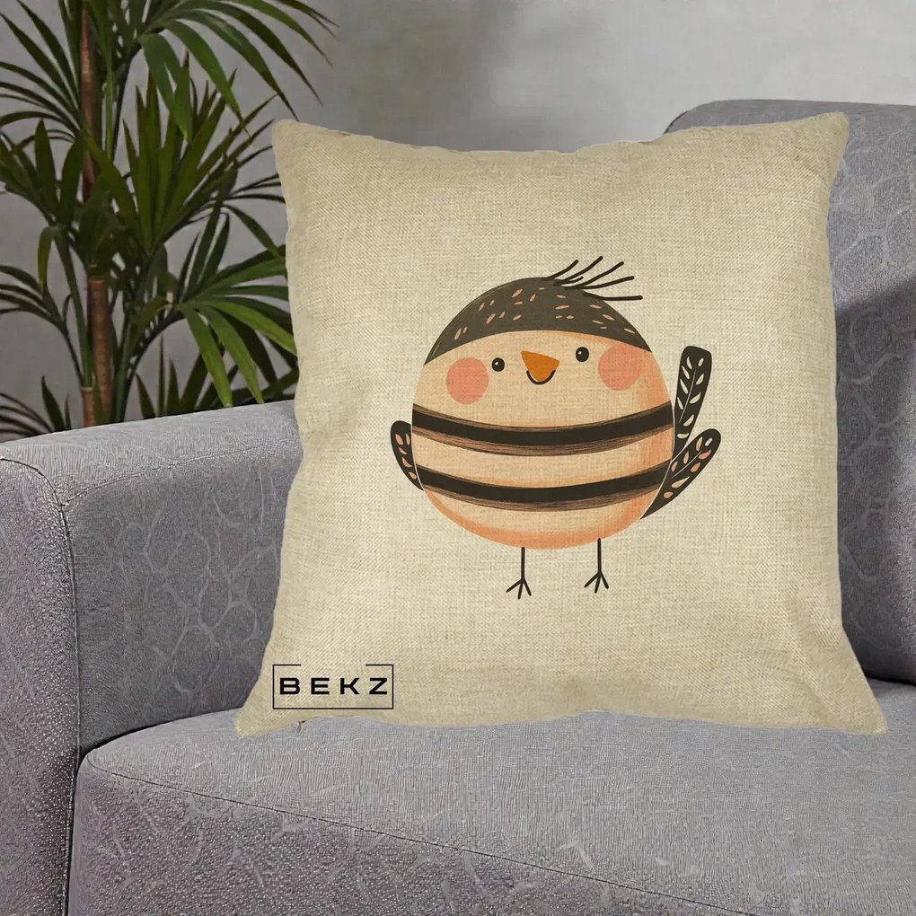 Perna Decorativa Pui Kawaii Bej-Negru Dungat, 40x40 cm, Crem, Husa Detasabila, Perna Inclusa, BEKZ®