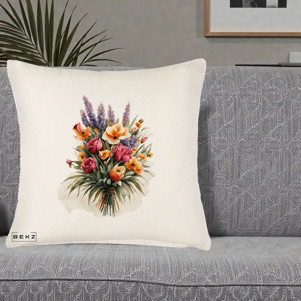 Perna Decorativa Buchet Mixt Acuarela Lavanda-Trandafiri, 40x40 cm, Crem Reliefat, Husa Detasabila, Perna Inclusa, BEKZ®