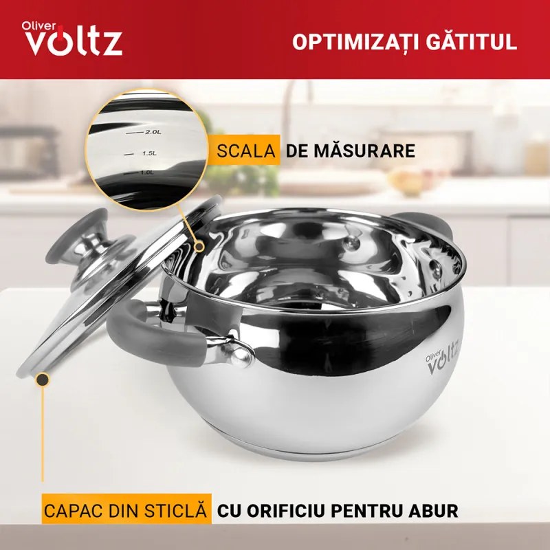 Oala Oliver Voltz OV51210N22, 22 cm, 4,6 l, Inductie, Manere din silicon gri, Inox/Gri