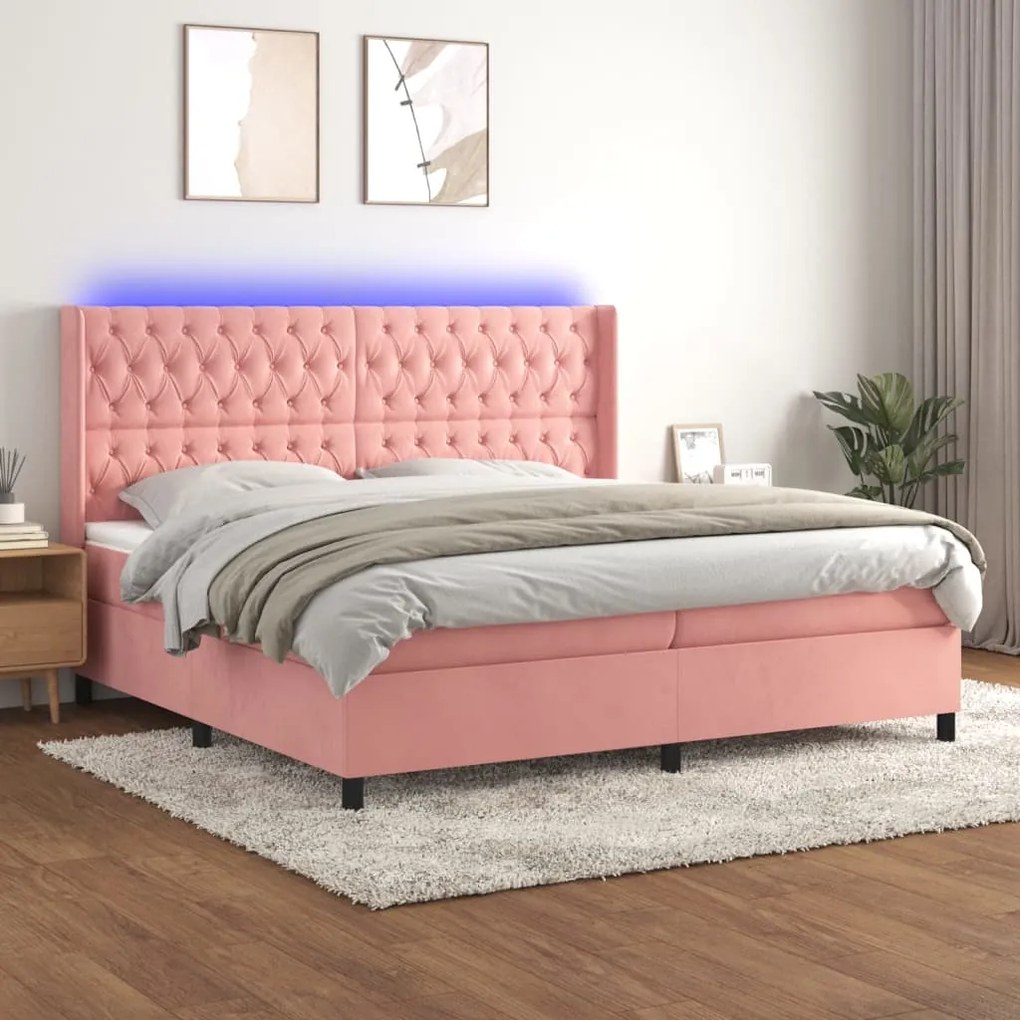 vidaXL Pat continental cu saltea &amp; LED, roz, 200x200 cm, catifea
