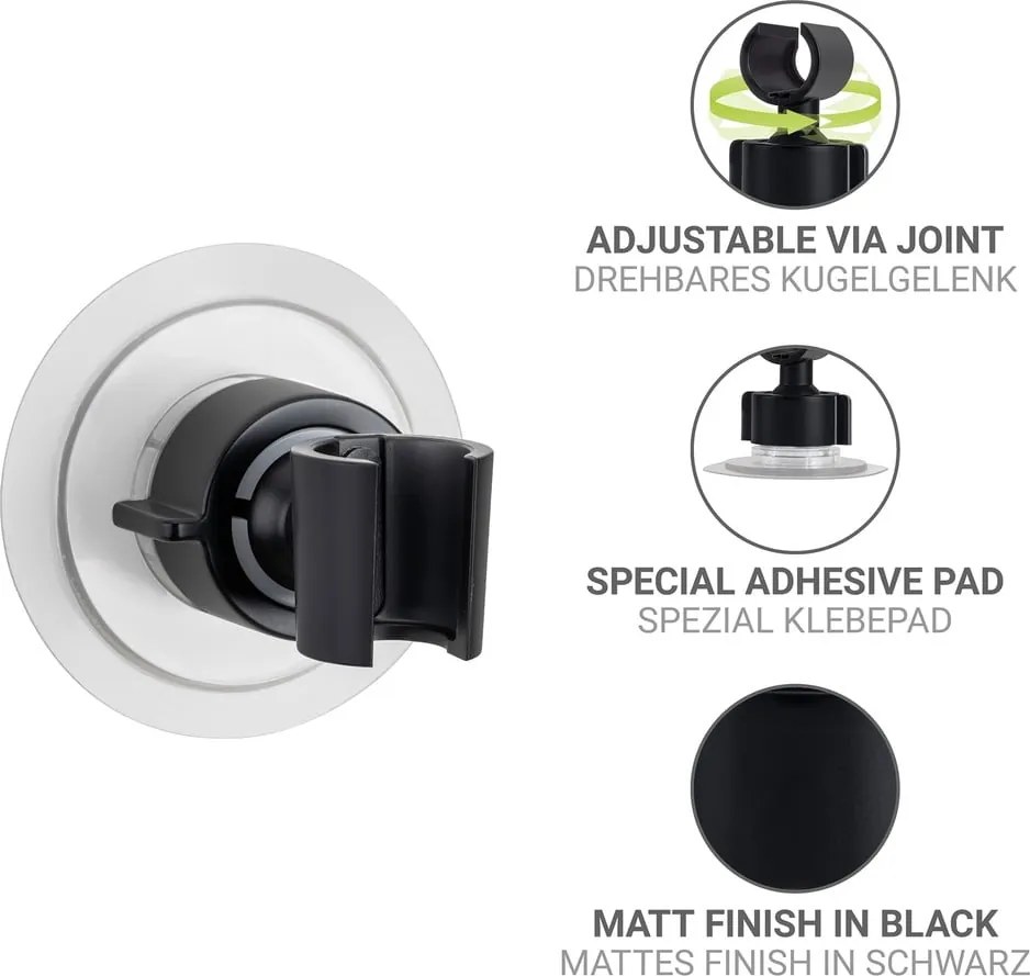 Suport pentru capul de duș negru autoadeziv din plastic Libertà – Wenko