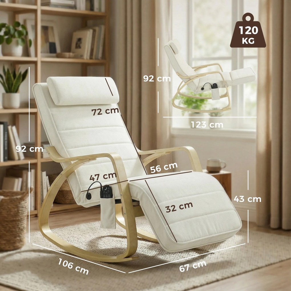 HOMCOM Scaun balansoar cu masaj, încălzire, tetieră &amp; suport pentru picioare, tapițerie catifea, scaun relax, crem-alb | Aosom Romania