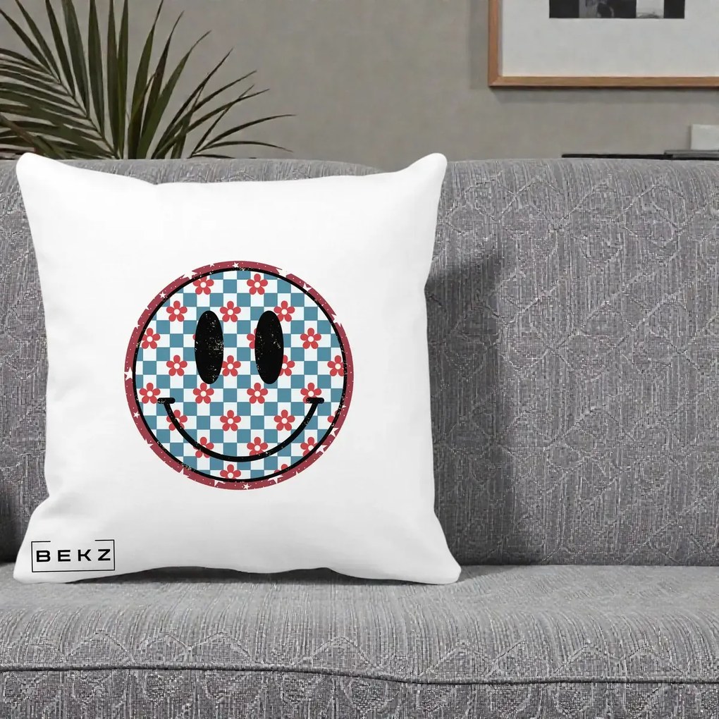 Perna Decorativa Smiley Face Checkered cu Floricele, 40x40 cm, Alba Mata, Husa Detasabila, Perna Inclusa, BEKZ®