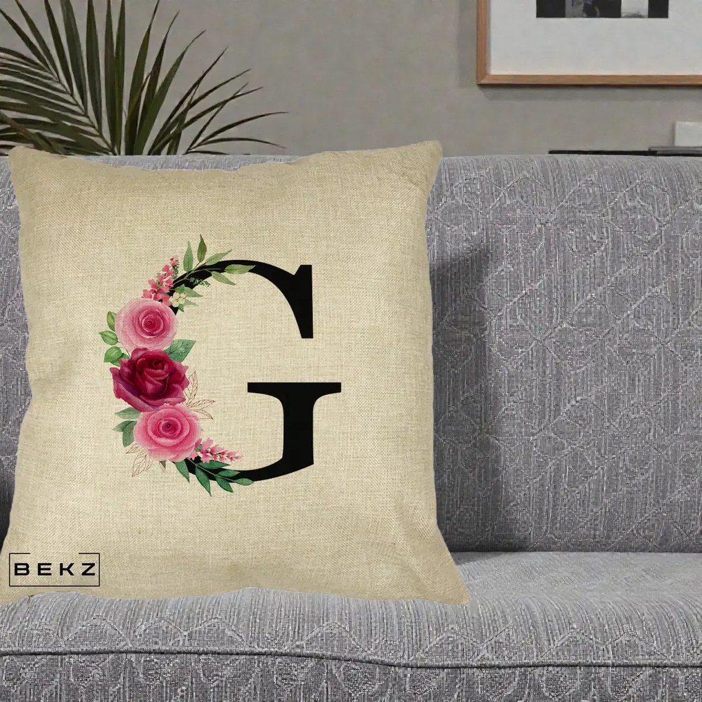 Cadou Personalizat - Perna Personalizata Monograma Florala Litera G, 40x40 cm, Crem, Husa Detasabila, Perna Inclusa, BEKZ®