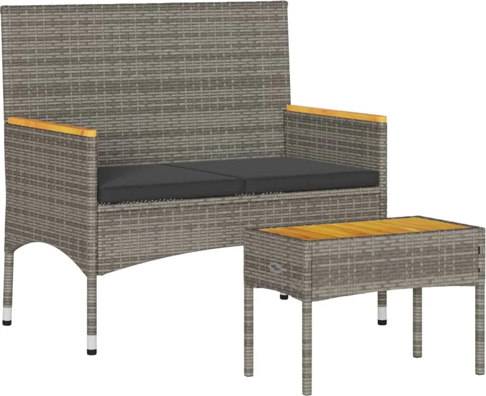 vidaXL Bancă de grădină cu 2 locuri/perne/masă, gri, poliratan