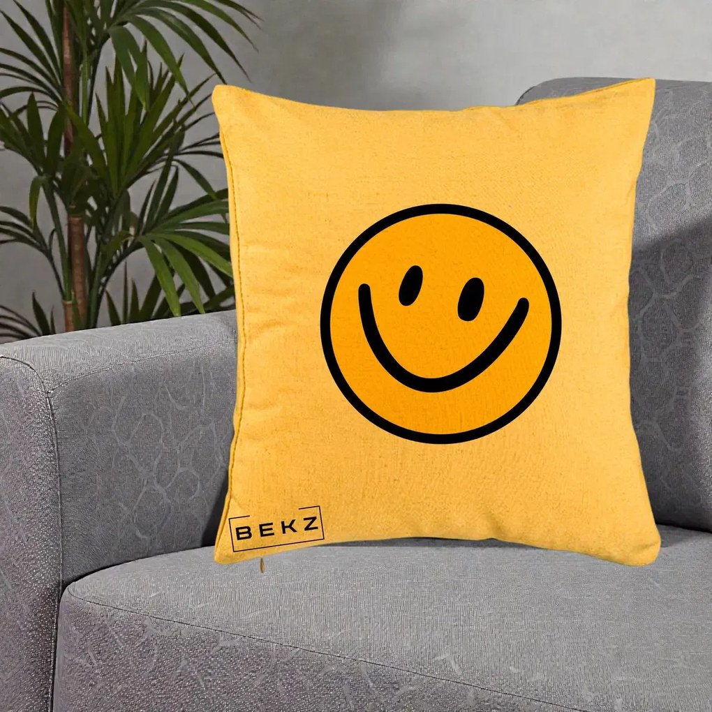 Perna Decorativa Smiley Face Galben Clasic, 40x40 cm, Galben, Husa Detasabila, Perna Inclusa, BEKZ®