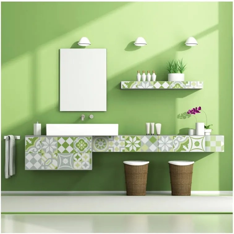 Set 24 autocolante pentru perete Ambiance Green Patchwork Tiles, 10 x 10 cm