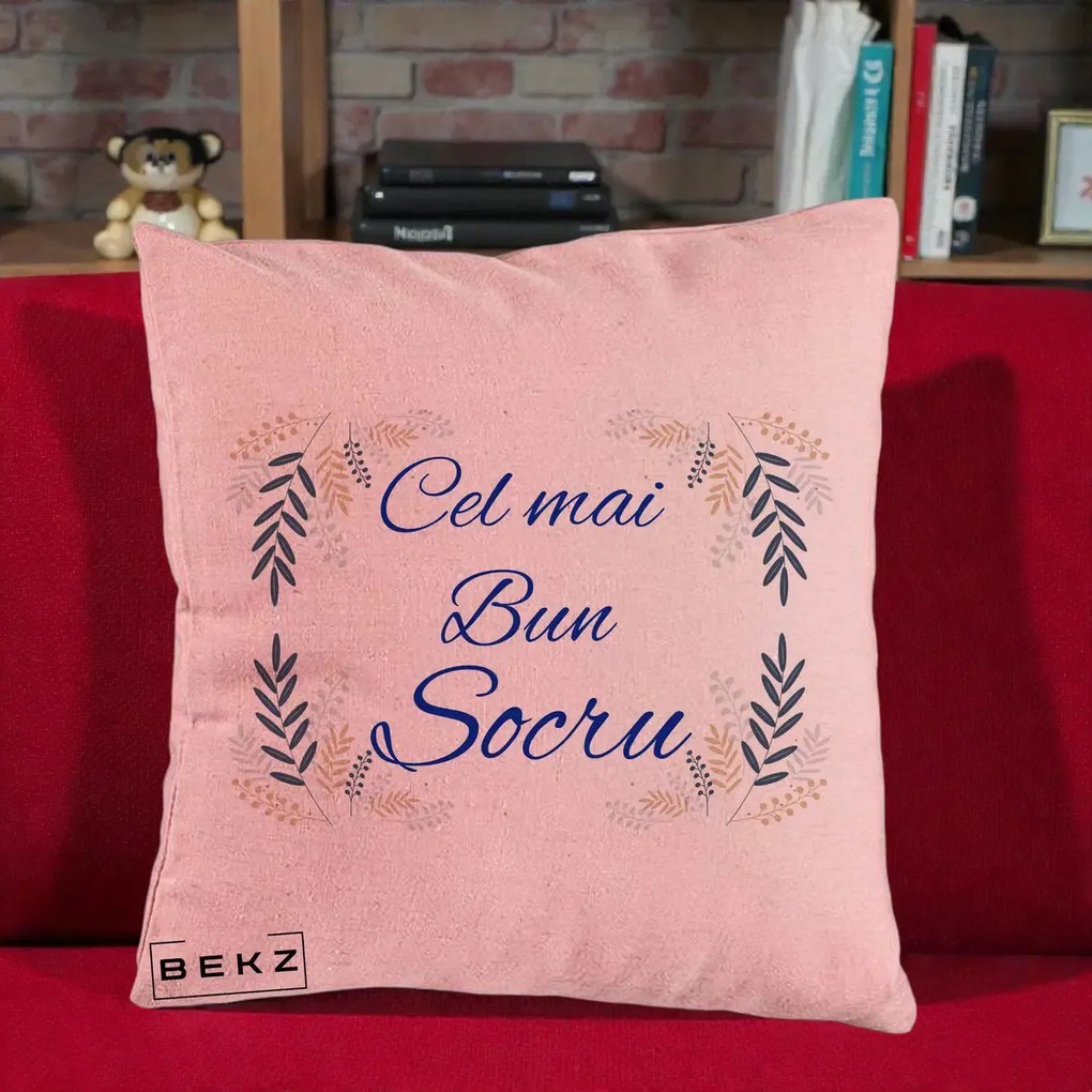 Cadou pentru Socru - Perna Personalizata Cel mai Bun Socru cu Ramuri Frunze Albastre si Aurii, 40x40 cm, Roz, Husa Detasabila, Perna Inclusa, BEKZ®