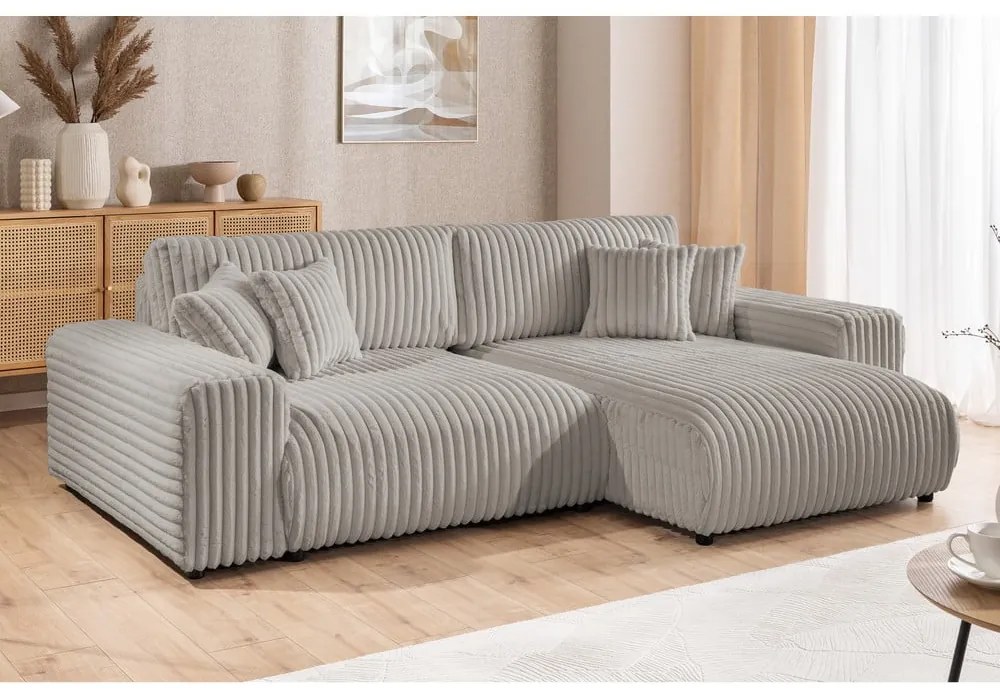 Colțar gri deschis extensibil, cu spațiu de depozitare, cu tapițerie din catifea reiată (cu colț pe partea dreaptă) Sarina – Ropez