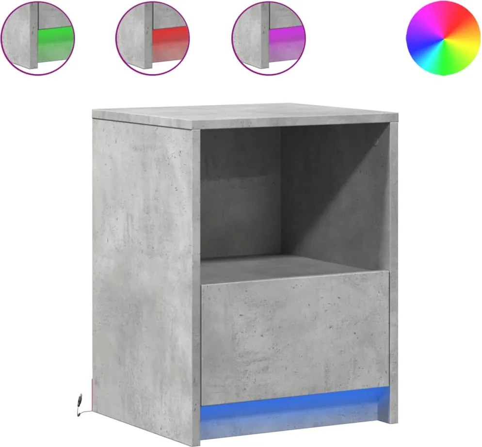 vidaXL Noptieră cu lumini LED, gri beton, lemn prelucrat