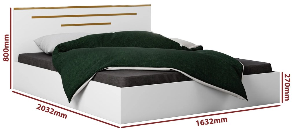 Dormitor Gold, culoare alb / auriu, pat standard 160x200 cm, dulap 123 cm, comoda si 2 noptiere