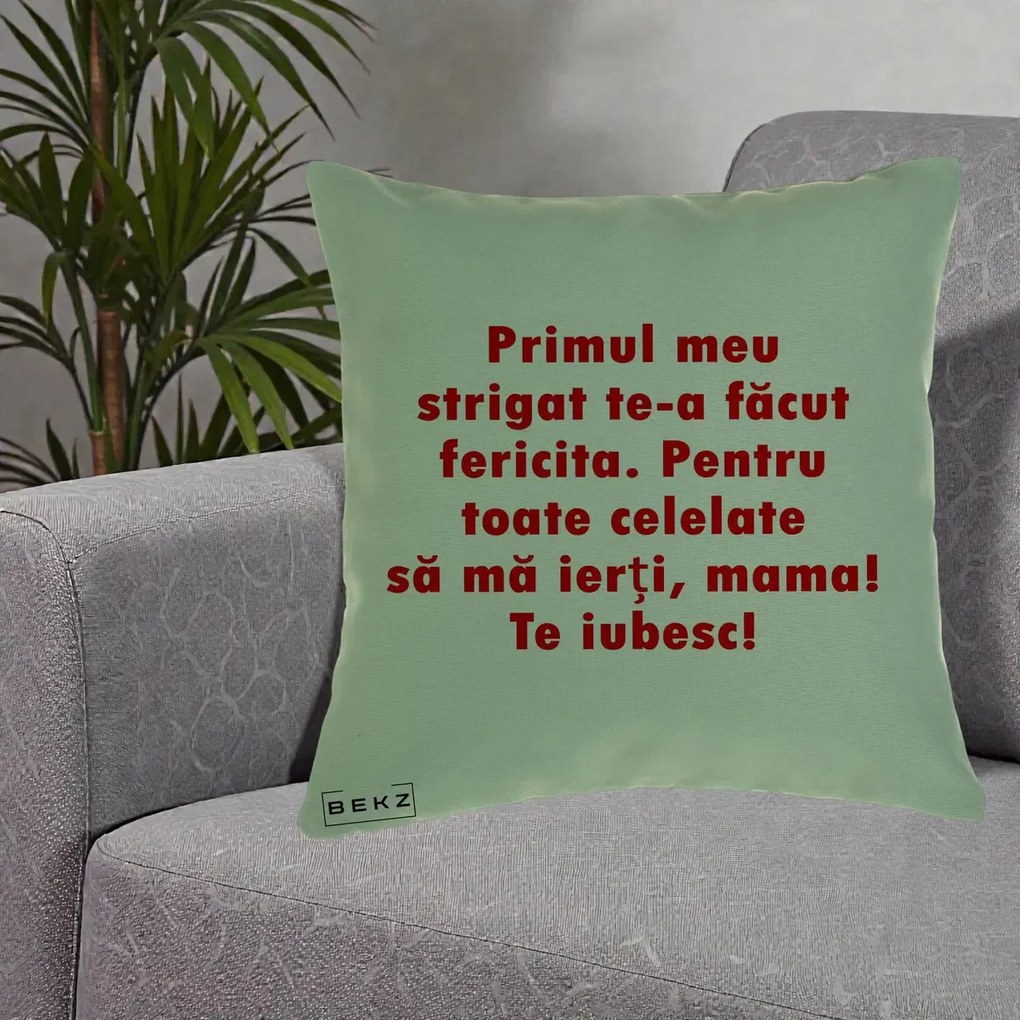 Cadou pentru Mama - Perna Personalizata Primul Strigat Mama, 40x40 cm, Verde, Husa Detasabila, Perna Inclusa, BEKZ®
