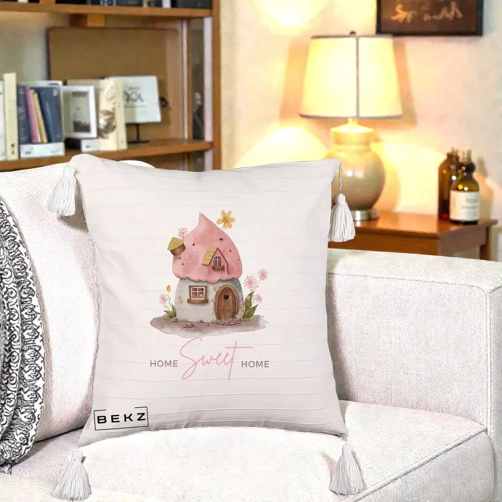 Perna Decorativa Home Sweet Home Casuta, 40x40 cm, Bej cu Franjuri, Husa Detasabila, Perna Inclusa, BEKZ®