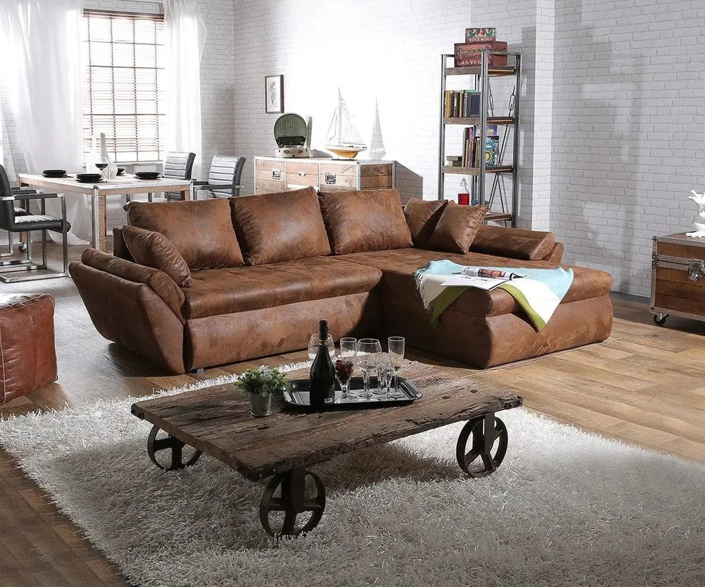 Colțar extensibil dumonde cu ladă de depozitare si sezut confortabil din spuma high-density, Loana Madagaskar Brown 270x185 cm