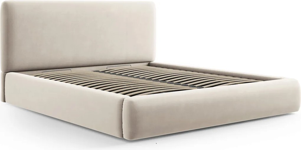 Pat tapitat cu tablie si lada depozitare, Colonel, Cosmopolitan Design, 160x200 cm, catifea, bej deschis