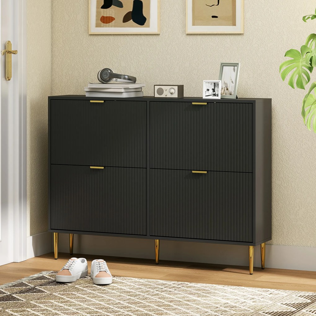 HOMCOM Dulap pentru încălțăminte 20 perechi cu 4 sertare rabatabile, uși canelate și rafturi reglabile, 105x24x91,5cm, negru | Aosom Romania