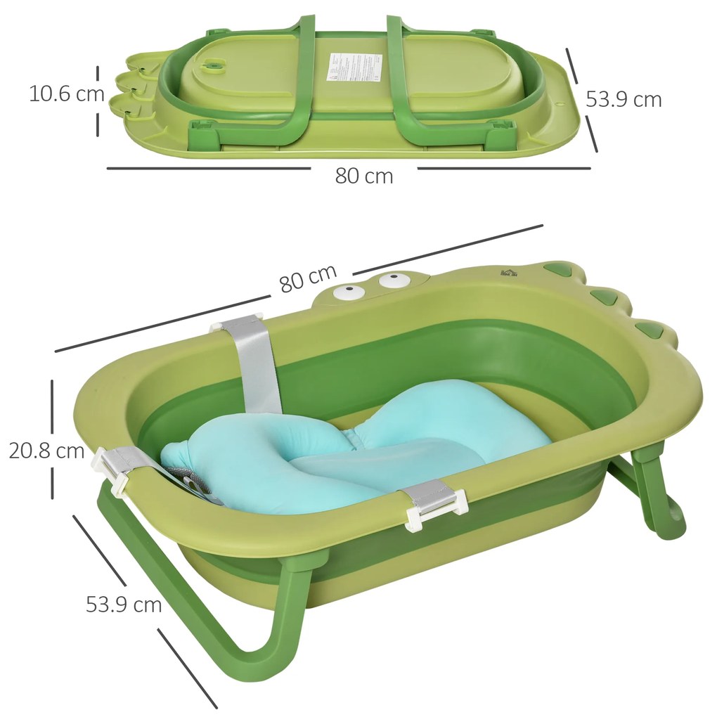 HOMCOM Cadă Pliabilă cu Suport Ajustabil Antiderapant, 80x53.9x20.8cm, Albastru Deschis/Verde, pentru Bebeluși 0-3 Ani | Aosom Romania