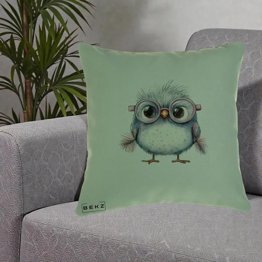Perna Decorativa Pui Pufos cu Ochelari Roz, 40x40 cm, Verde, Husa Detasabila, Perna Inclusa, BEKZ®