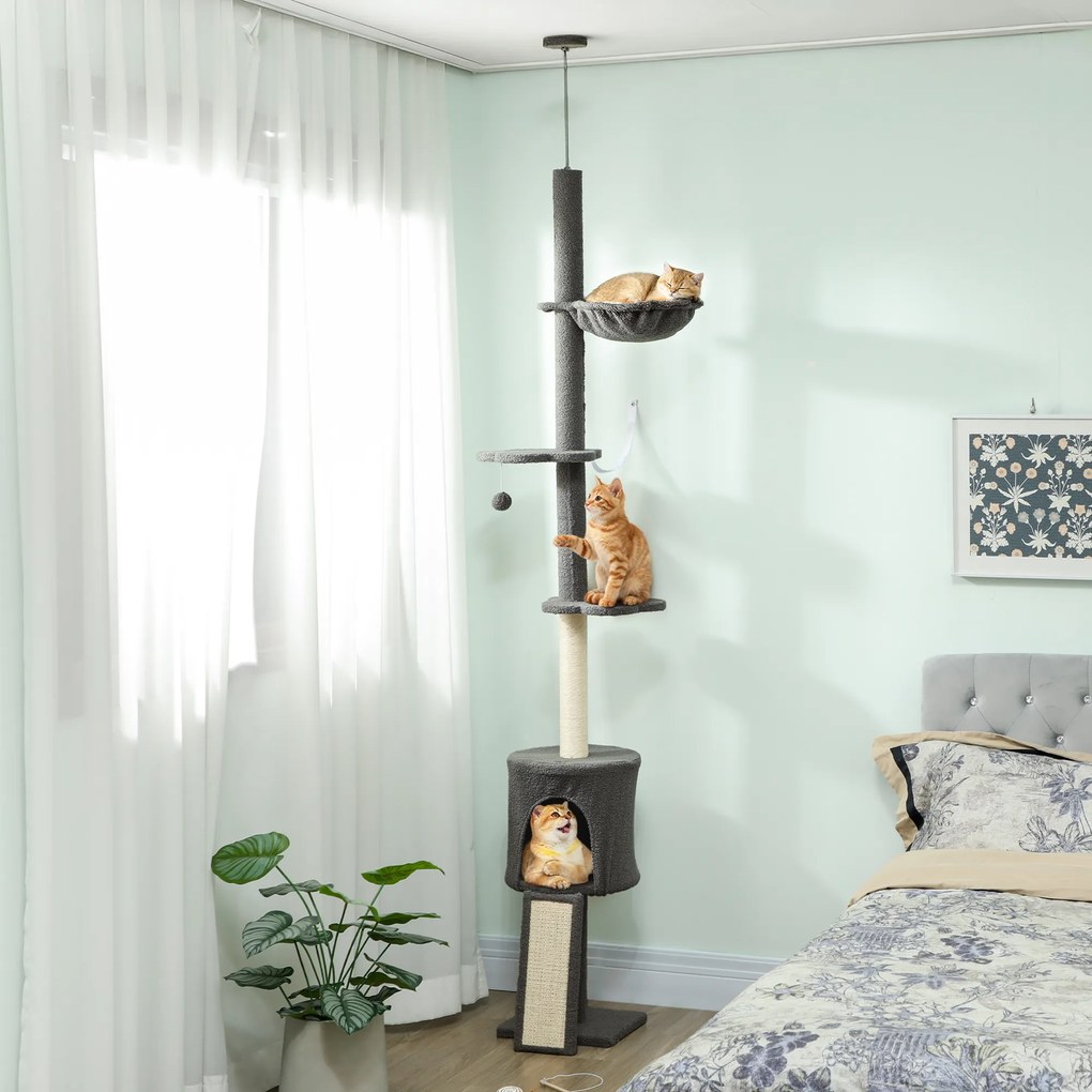 PawHut Ansamblu de joacă pentru Pisici Înalt 220-240 cm cu Hamac, Casetă, Platforme și Stâlpi din Sisal, Gri | Aosom Romania