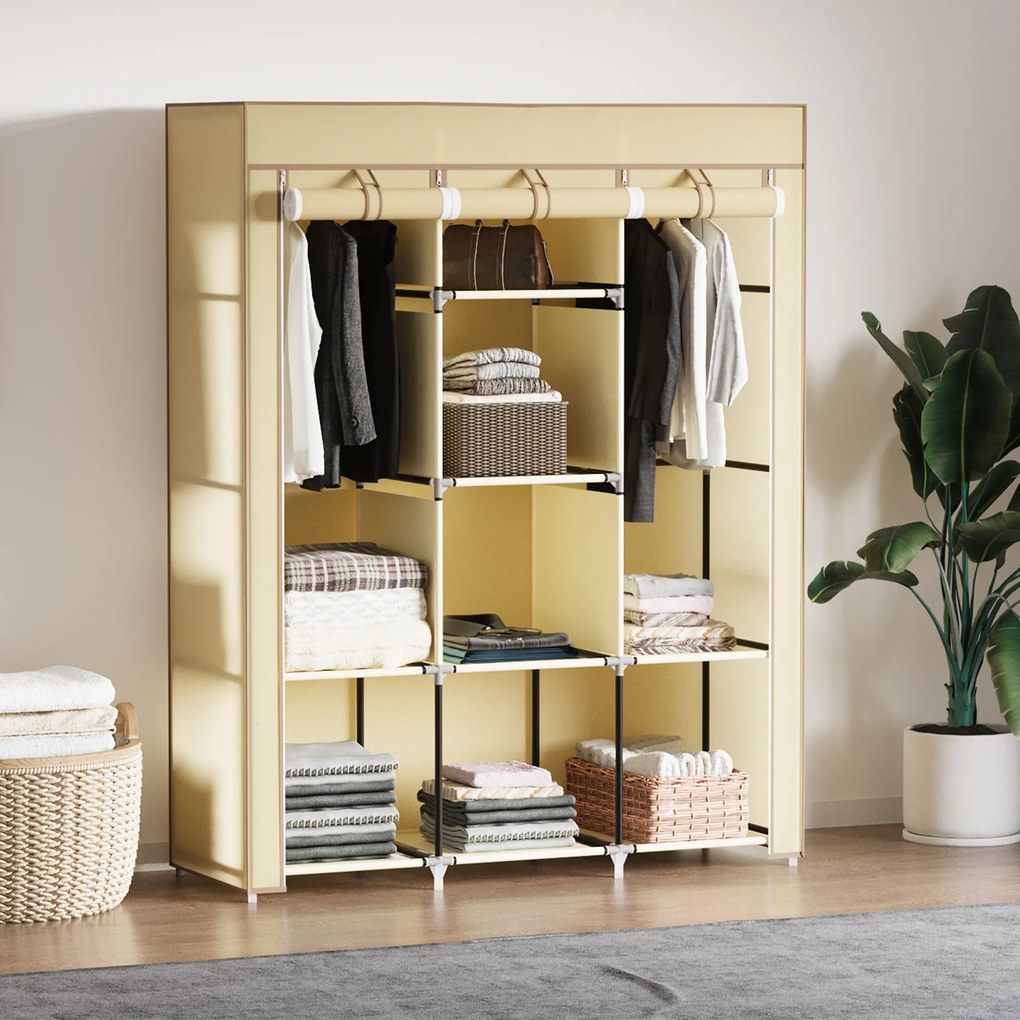 HOMCOM Dulap Portabil din Stofă cu 8 Rafturi și 2 Bare, Organizator Haine cu Ușă Rulantă, 125x43x162.5 cm, Bej | Aosom Romania