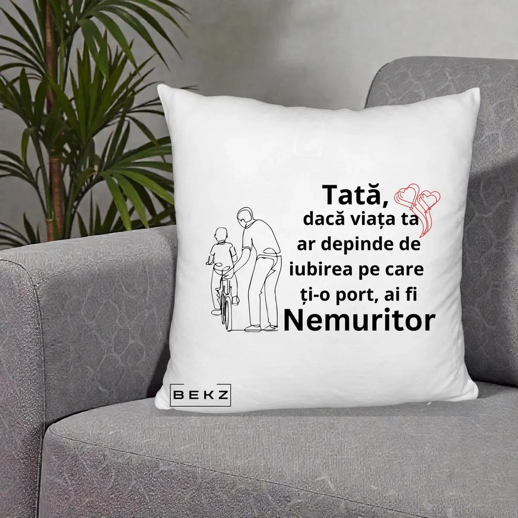 Cadou pentru Tata - Perna Personalizata Tata Nemuritor Bicicleta, 40x40 cm, Alb Pufos, Husa Detasabila, Perna Inclusa, BEKZ®