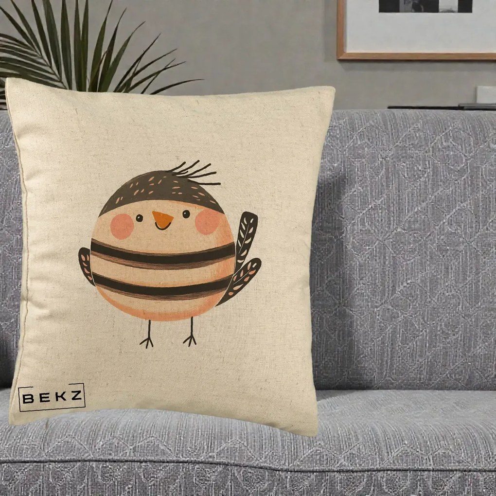 Perna Decorativa Pui Kawaii Bej-Negru Dungat, 40x40 cm, Bej, Husa Detasabila, Perna Inclusa, BEKZ®