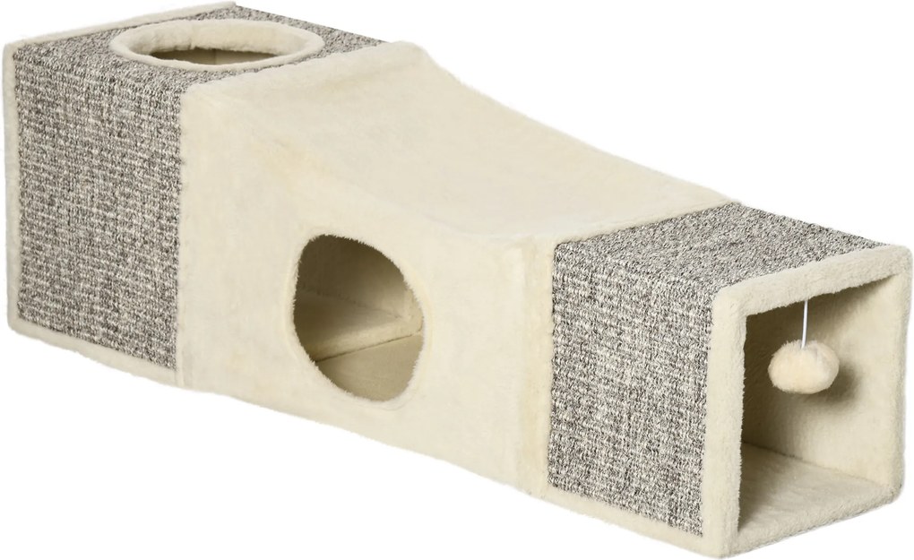 PawHut Tunel Pliabil pentru Pisici cu Căsuțe și Zgârâietori, Jucării cu Minge de Pluș și Sisal, 98x30x30 cm, Alb Crem | Aosom Romania