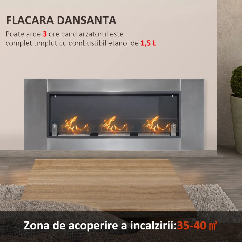 HOMCOM Semineu pe Bioetanol incalzitor din Inox 3 Rezervoare 1.5LT aparat de incalzire cu bietanol Argintiu și Negru, 136x16x54cm | Aosom Romania