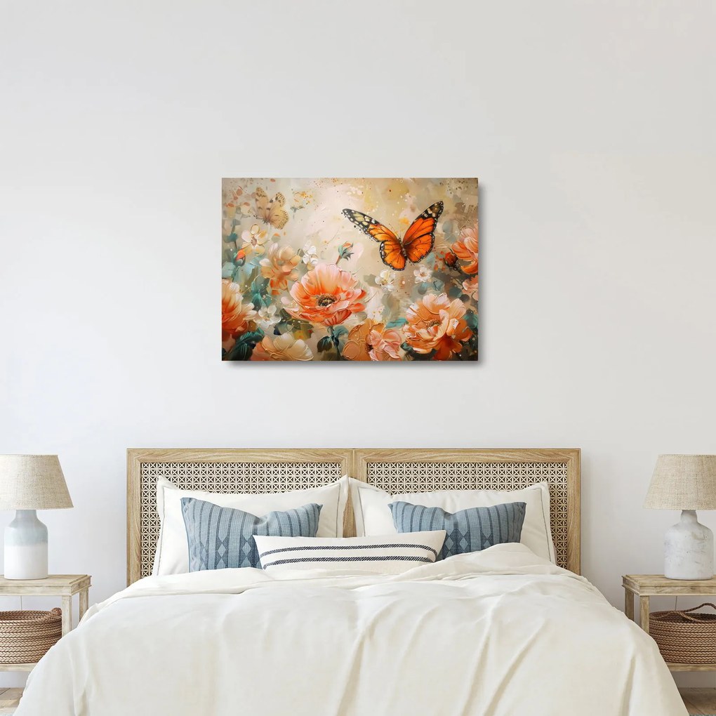 Tablou pe sticlă - Fluture și flori, pictură în ulei (70x50 cm)