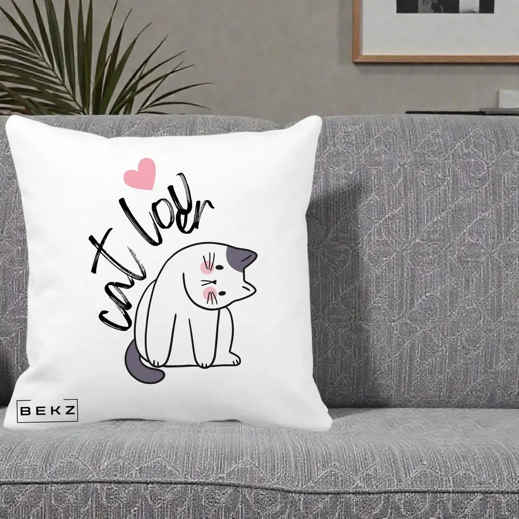 Perna Personalizata Cat Lover Pisica Ilustratie Linie, 40x40 cm, Alba Mata, Husa Detasabila, Perna Inclusa, BEKZ®