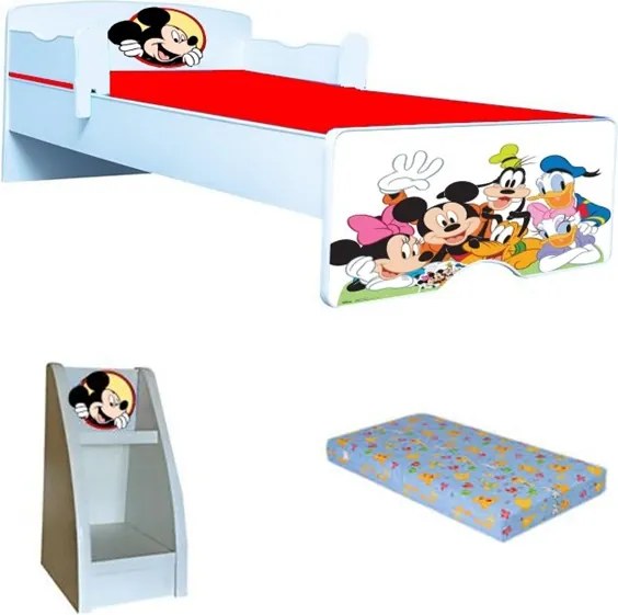 Pat copii Mickey si prietenii cu saltea si etajera cadou