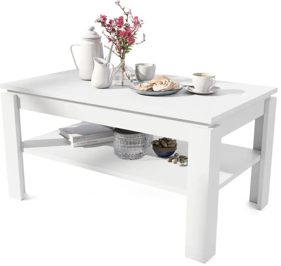 Masă de cafea extensibilă ADEN cu blat rabatabil și poliță, albă