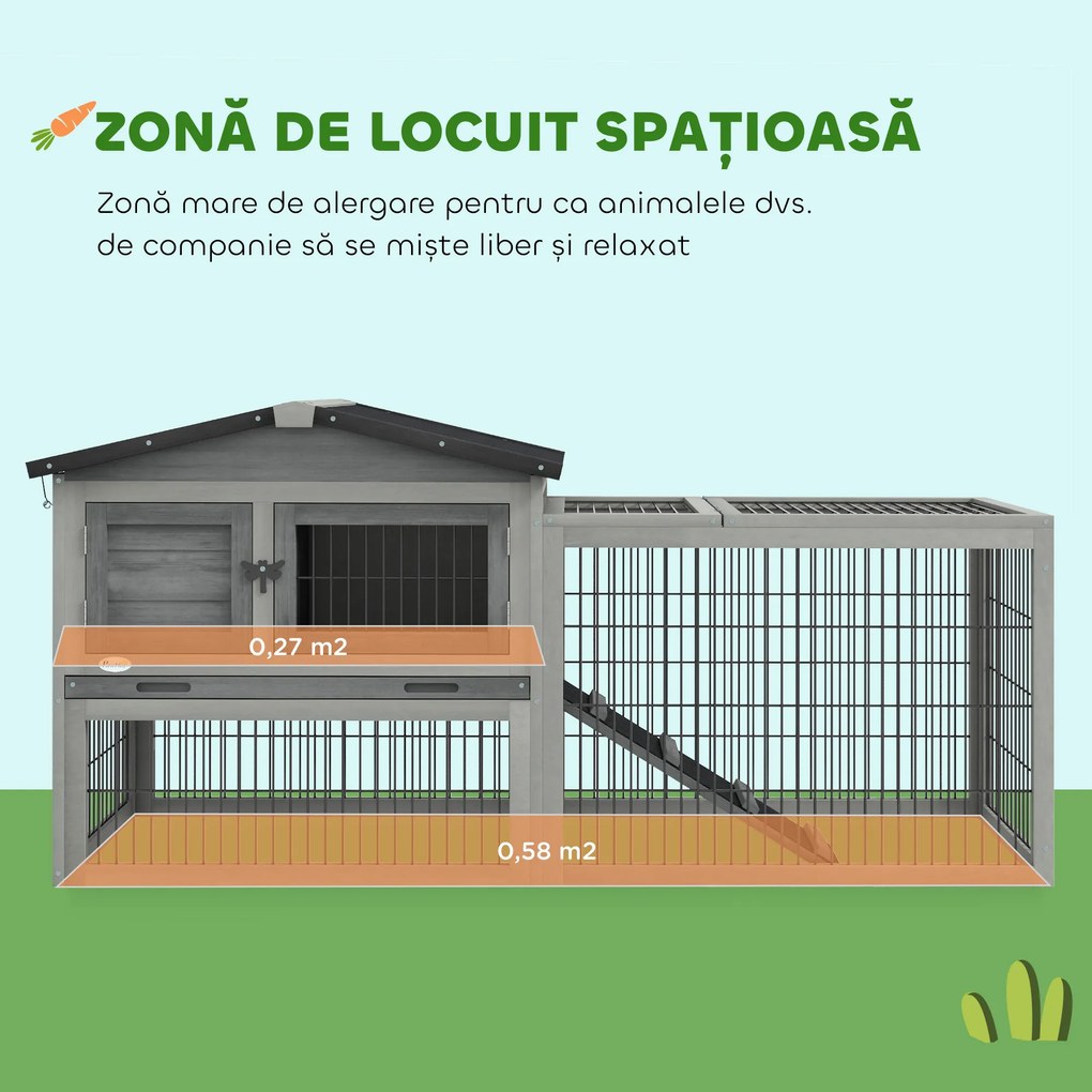 PawHut Cuib Exterior din Lemn de Brad cu Rampă, Acoperiș Rabatabil Impermeabil, Sertar Detașabil, Cuib pentru Iepuri, Animale Mici, Gri Deschis | Aosom Romania