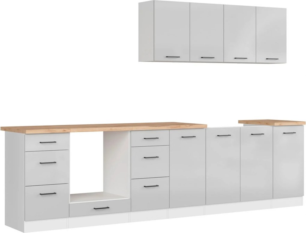 Set bucatarie JUNONA LINE, gri deschis/alb, PAL, 300 cm, cu blat steja