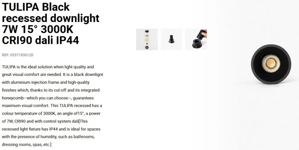 Spot LED incastrabil TULIPA Black recessed downlight 7W 15° 3000K CRI90 dali IP44