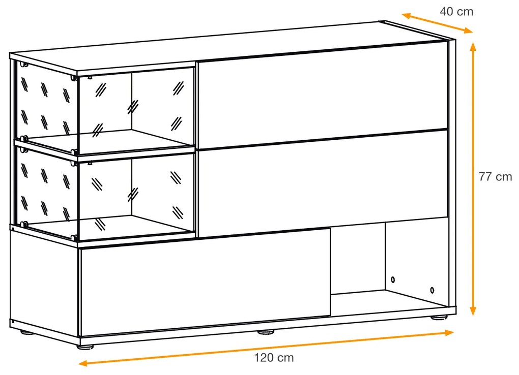 Comoda moderna, push open, 120x77x40 cm, alb lucios cu stejar inchis, cu led , cu 3 usi, vitrina sticla securizata, si spatiu gol, Bortis