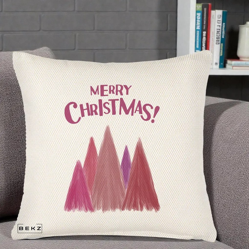 Perna Decorativa Merry Christmas Brazi Roz, 40x40 cm, Crem Reliefat, Husa Detasabila, Perna Inclusa, BEKZ®