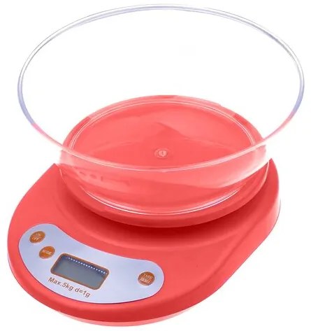 Cantar electronic de bucatarie, Verk Group, max 5 kg, rosu, afisaj digital, 2 x AA R6, 20.5x16x5 cm