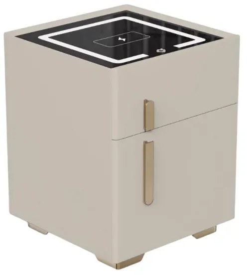 Noptieră inteligentă cu &icirc;ncărcare wireless, iluminare LED, 1 sertar de depozitare și seif &ndash; albă, design modern din sticlă și lemn